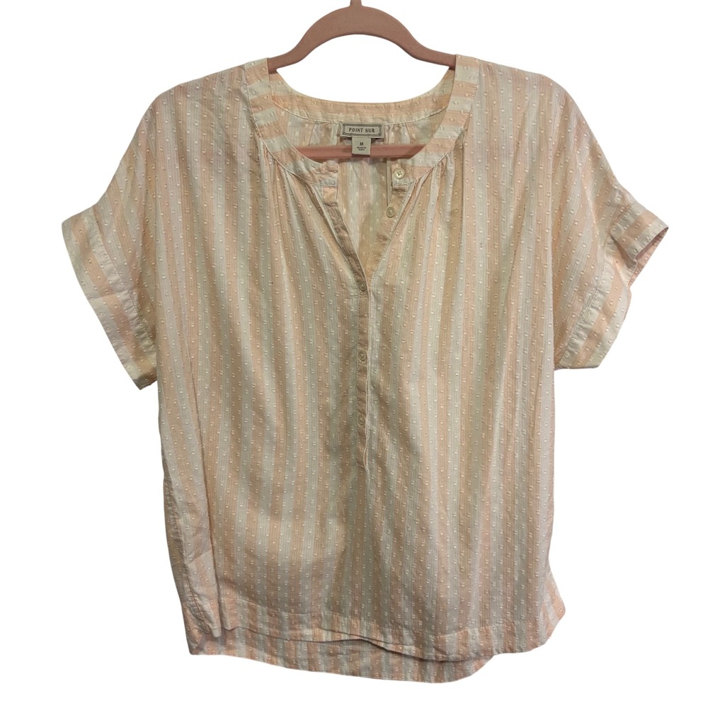 Point Sur J.Crew Peach White Striped Swiss Dot Cotton Button Up Top Womens Med